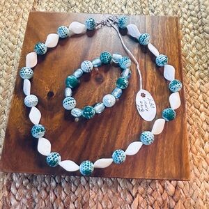 Teal and White Beaded Stones Necklace and Bracelet Set - Handmade by Evelyn